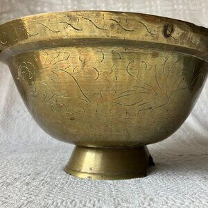 Vintage Brass Footed Bowl Etched Bird (?) Motif 9.5" Round with Some Damage